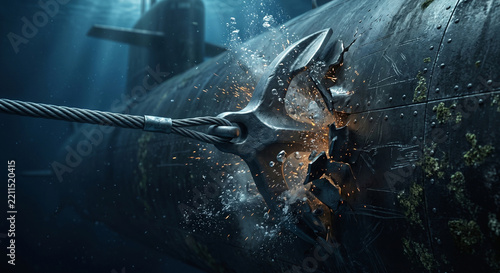 Heavy metal grappling hook smashing into a submarine hull underwater