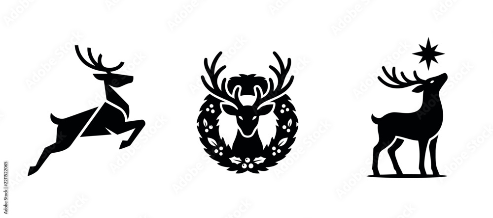 Fototapeta premium Black silhouettes of deer with antlers and floral ornament