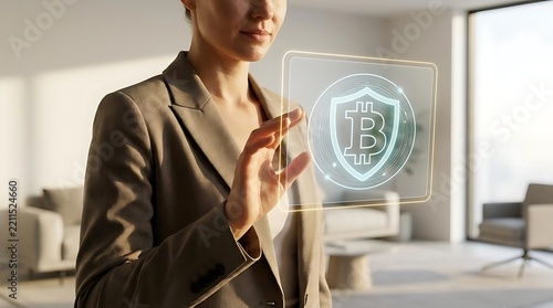 Businesswoman interacting with secure Bitcoin hologram shield.