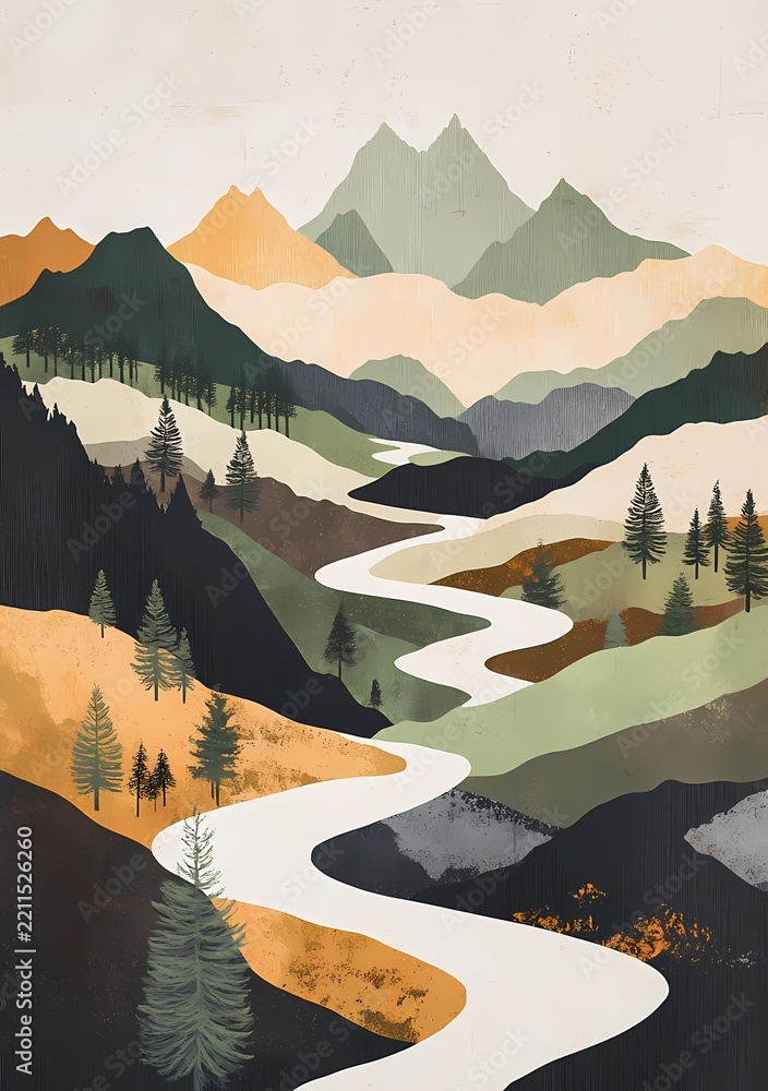 Fototapeta premium Serene landscape featuring winding river through layered mountains and forests in minimalist earthy color palette.
