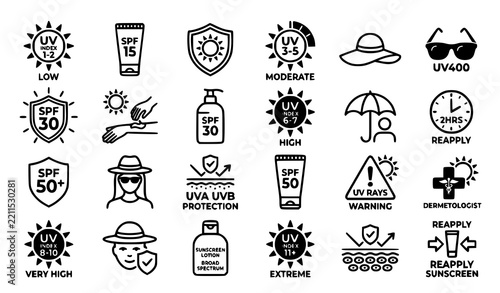 Sun Protection and UV Index SPF Icon Set Vector Illustration