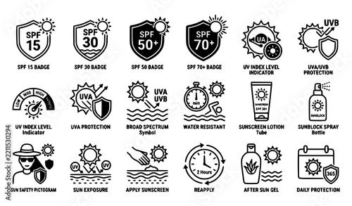 SPF 15 SPF 30 SPF 50 Sunscreen Protection Icon Collection Vector