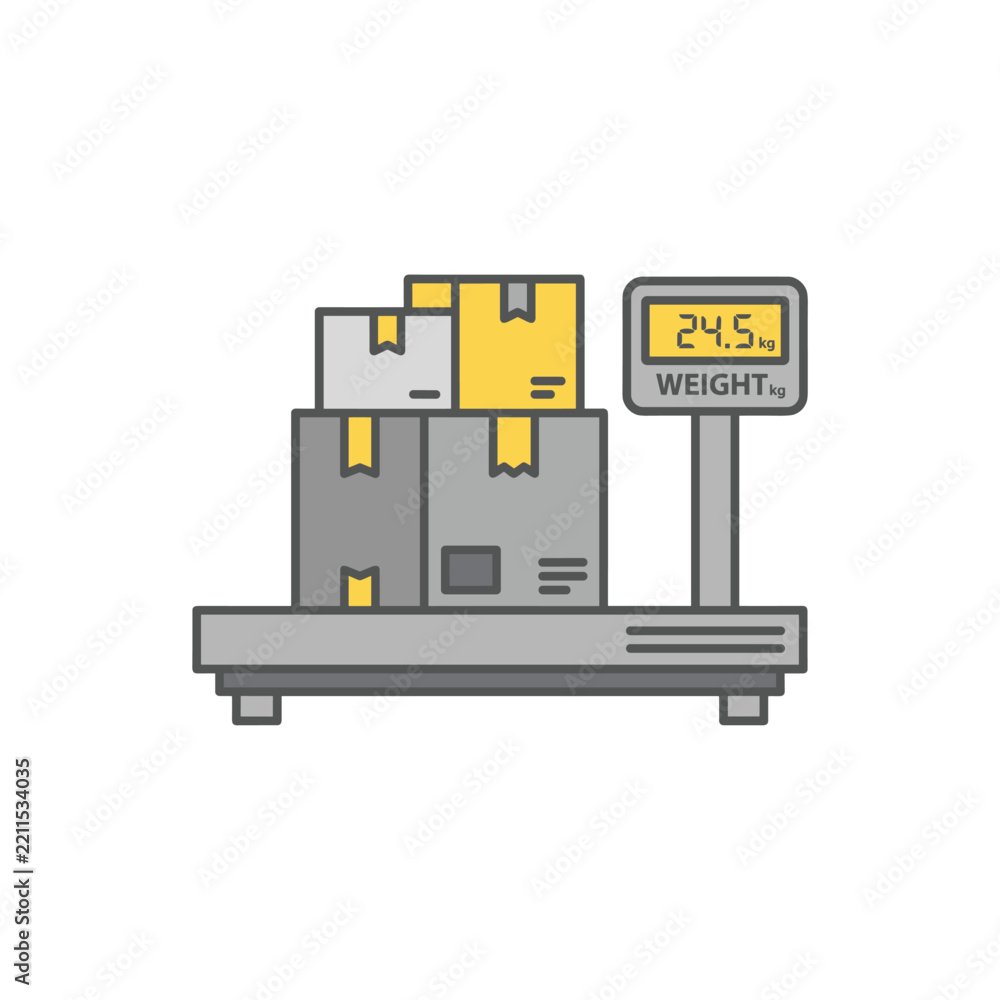 Fototapeta premium Shipping scale weighing stacked cardboard boxes for delivery and logistics
