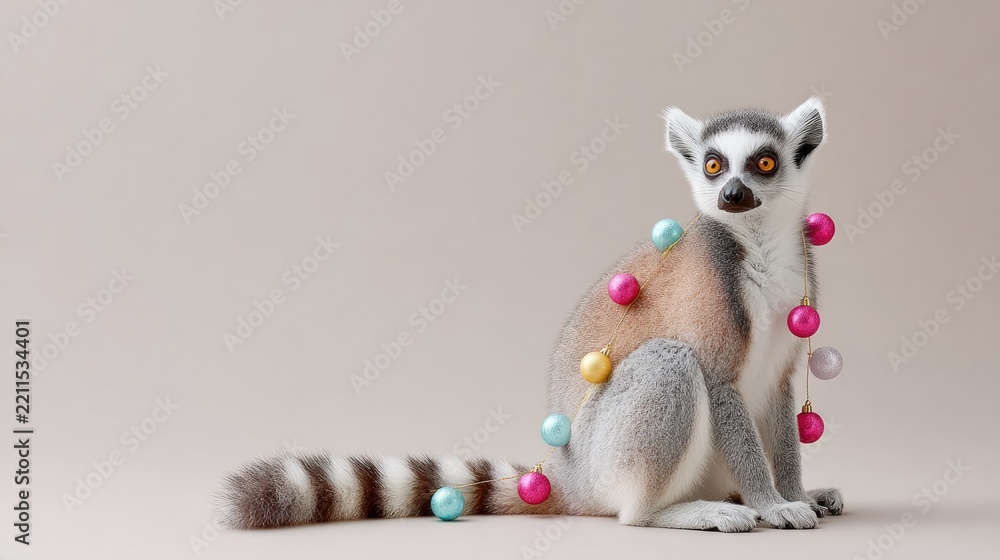 Obraz premium Lemur holding glittery ornaments on neutral background - festive animal theme