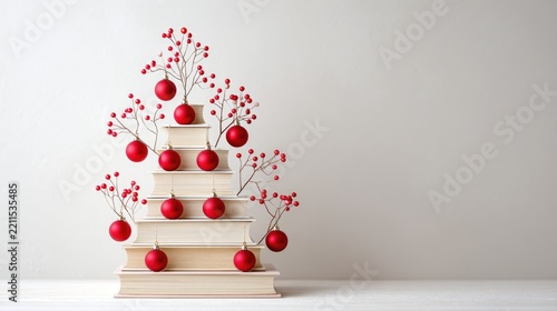 Creative book christmas tree with red ornaments and berry decorations for festive holiday decor
