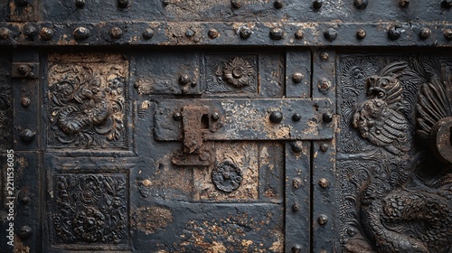 Ancient weathered iron gate with intricate carvings and metal rivets.