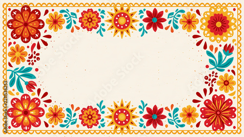 Hispanic heritage month theme design with papel picado folk flowers a sun motif and ornamental borders arranged around an open center warm red orange yellow and turquoise palette on