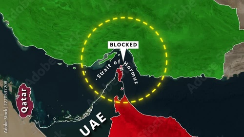 Blocked Strait of Hormuz geopolitical conflict map video footage