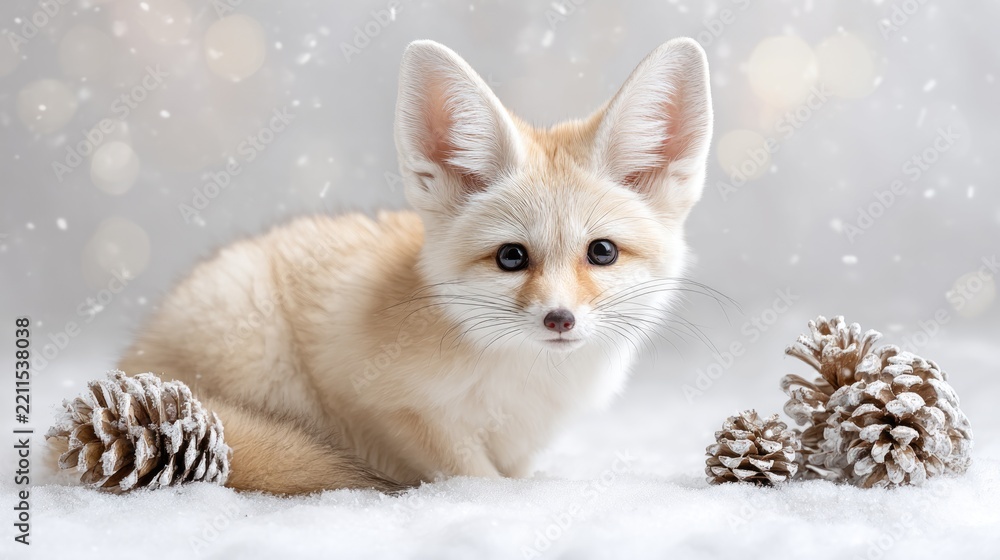 Fototapeta premium Adorable fennec fox cub in winter wonderland with pinecones and glittering ornaments