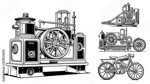 Vintage Steampunk Machines and Motorcycle, Isolated Illustration