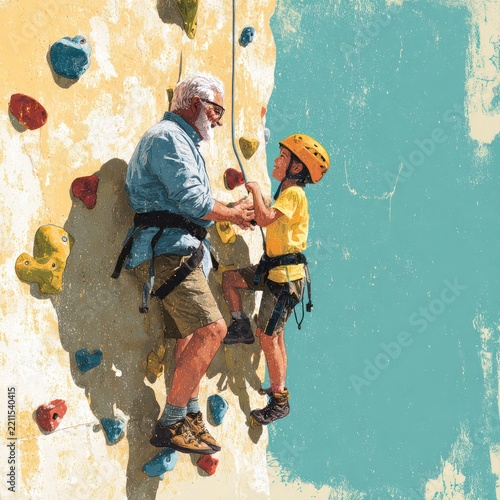 Elderly Man and Young Boy Climbing Indoor Rock Wall in Bright Colorful Gym