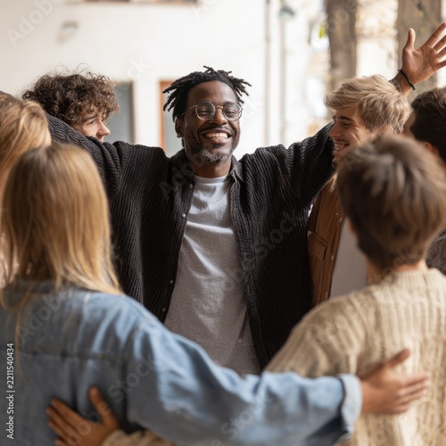 Happy Black Man Wearing Glasses Smiling with Group of Diverse People Outdoors