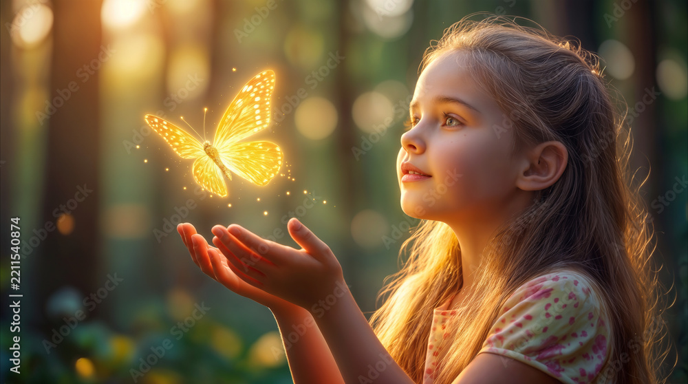 Naklejka premium Little girl watching glowing golden butterfly in enchanted forest. Child holding hands out to magical insect in fantasy woodland setting.