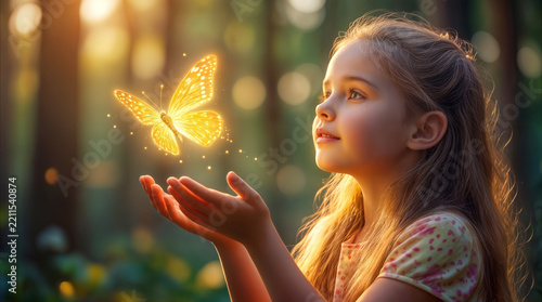 Little girl watching glowing golden butterfly in enchanted forest. Child holding hands out to magical insect in fantasy woodland setting.