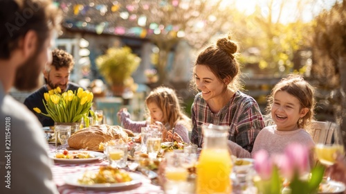Happy Family Outdoor Breakfast in Garden with Sunlight and Bright Colors