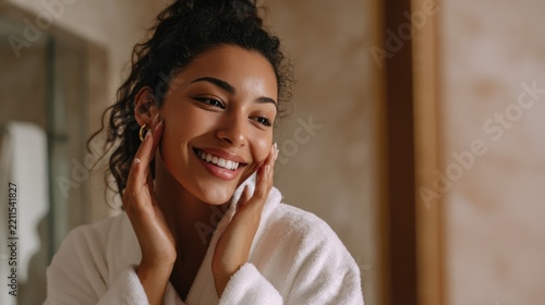 Young Woman Smiling Joyfully in Bathroom Wearing White Towel Natural Lighting