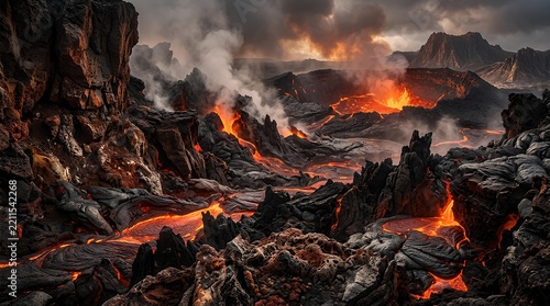Volcanic Eruption Lava Flow Landscape Scene.
