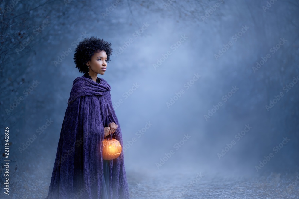 Fototapeta premium Mysterious young woman in purple cloak holding lantern in enchanted forest