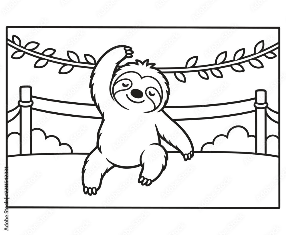 Obraz premium Cute sloth hanging on a branch coloring page for kids.