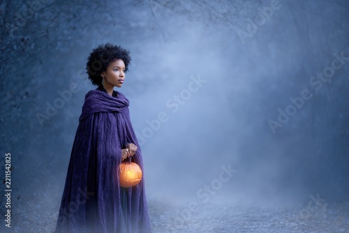 Mysterious young woman in purple cloak holding lantern in enchanted forest