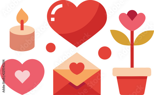 Valentines day icons set with heart candle and love letter Vector