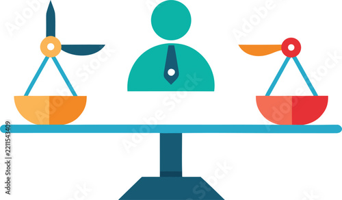 Businessman balancing business choices on a scale icon Vector
