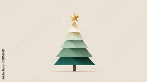 Minimalist geometric christmas tree with golden star on beige background