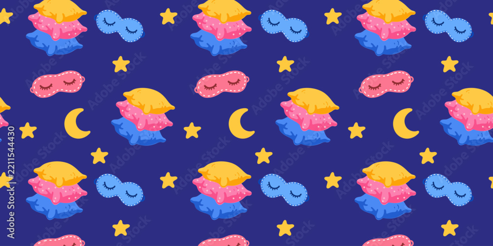 Fototapeta premium Seamless pattern with cute pillows and colorful eye masks for restful sleep