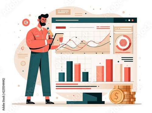 Flat vector illustration of a bearded analyst holding a tablet beside a large dashboard of charts and coins, with a bold simple composition