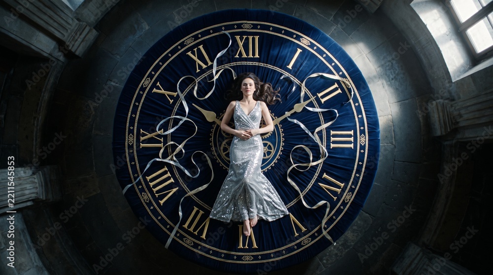 Fototapeta premium Elegant woman in a shimmering silver dress lies gracefully on a giant blue clock face, surrounded by delicate ribbons