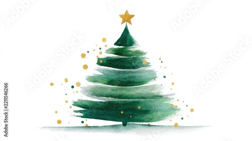 Artistic watercolor christmas tree with golden star and festive details
