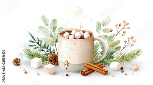 Cozy winter mug with hot chocolate, marshmallows, and cinnamon sticks in watercolor design