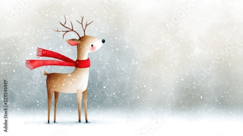 Watercolor reindeer with red scarf in snowy winter wonderland