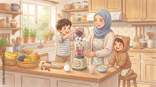  a mother in a hijab making a healthy fruit smoothie with her two sons,