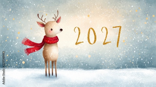 Festive reindeer with scarf celebrates holiday season 2021 with sparkling snow and stars