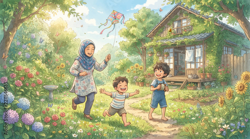 A joyful Muslim mother and her two young sons play with a colorful kite in a vibrant, sun-drenched garden with a charming, vine-covered cottage.