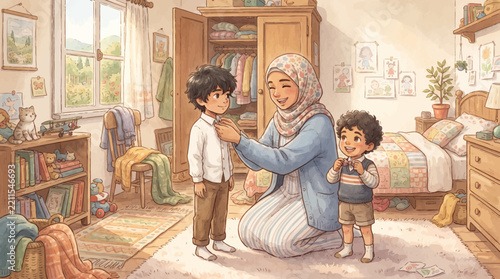 a hijabi mother preparing her two sons for a family visit, helping the boys tidy their clothes and hair, cozy bedroom, cheerful expressions, beautiful home interior.