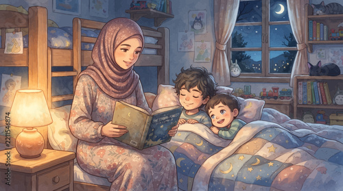 A loving mother wearing a hijab reads a bedtime story to her two young sons tucked warmly in their bunk bed on a cozy night.