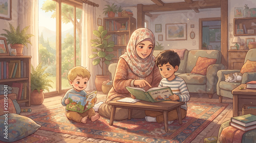 A warm and cozy scene of a mother in a hijab reading a storybook to two young children on a rug in a sunlit living room, fostering a love for learning.
