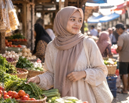 Indonesian Woman in Hijab at Traditional Market, Candid Portrait

