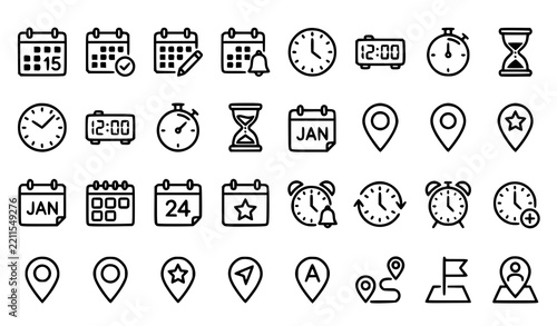 Calendar Clock and Location Icon Set Time Date Address Vector