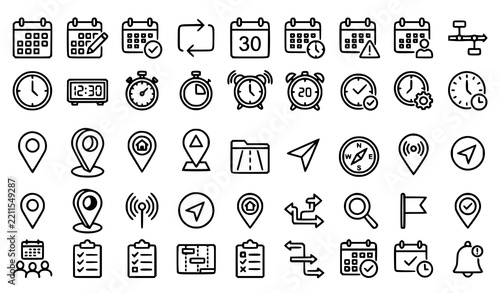 Calendar Clock Location Outline Icons for Web and Mobile Vector