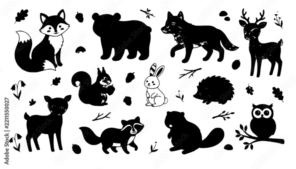 Fototapeta premium Woodland Forest Animals Set with Fox, Bear, Wolf, Deer, Squirrel, Rabbit, Hedgehog, Raccoon, Beaver and Owl Cartoon Illustrations