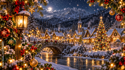 Weihnachtsdorf im Winter mit festlich geschmücktem Tannenbaum, Brücke und verschneiten Bergen bei Nacht