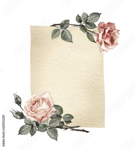 Vintage watercolor rose frame with branching foliage and an open center on cream paper, designed for wedding stationery, cards, announcements, and decorative layouts. Part of a coordinated matching pa
