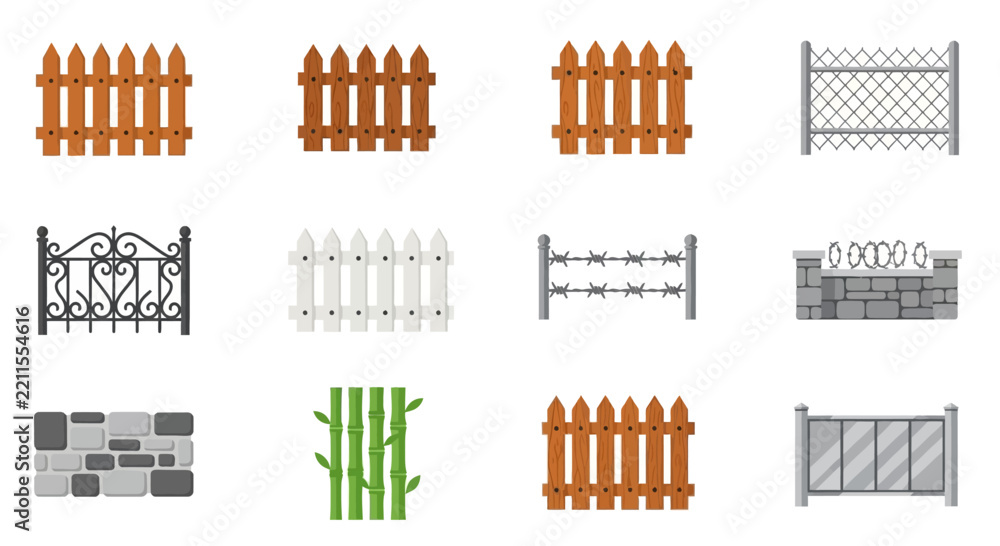 Obraz premium Collection of Diverse Fencing and Barrier Styles: Wood, Metal, Stone, and Bamboo