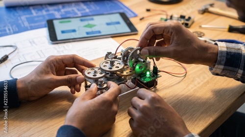 Team of engineers working on a complex electronic device together.