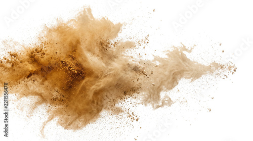 Fotografie Abstract brown powder explosion with dusty splash and scattered particles isolat