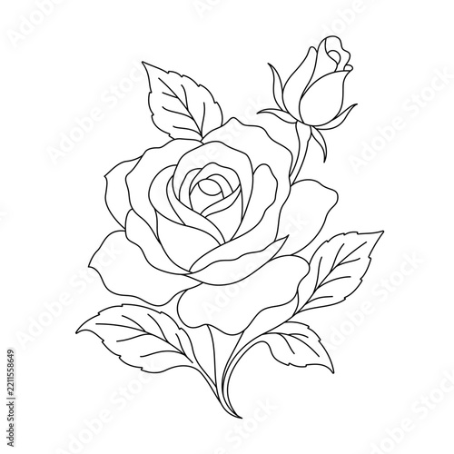 Rose Bouquet Crest with Bud and Leaves, Botanical Line Art Vector