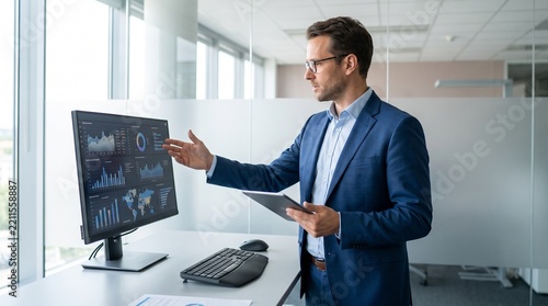 Businessman pointing at financial charts on computer screen in modern office.